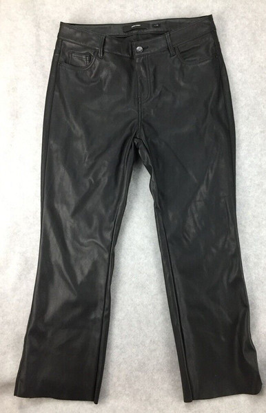 VERO MODA SIZE L 32 WOMENS BLACK FAUX LEATHER PANTS MR KICK FLARE MID RISE WORK