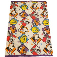 Looney Tunes Blue Baby Toddler Blanket Bugs Daffy Tweety Satin Edge Vtg 42x60