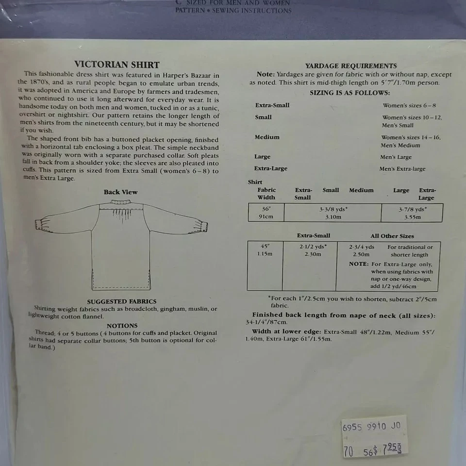 Folkwear Victorian Shirt 202 Overshirt Nightshirt Tunic M&W XS S M L XL Uncut M3 - Image 2 of 4