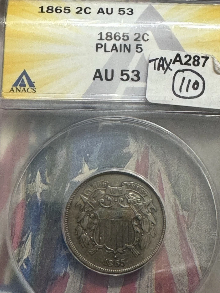 1865 Two Cent Piece, Much Better Condition, ANACS AU53, Free shipping - Image 4 of 4