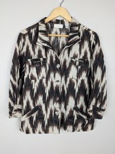 Chico's Jacket Womens Large 2 Brown Black Ikat Print Linen Button Front Pockets