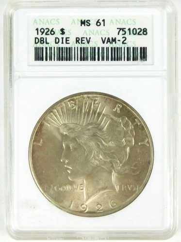 1926 Double Die Reverse $1 Peace Silver Dollar VAM-2 ANACS MS61 BU Coin C4296