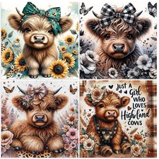 4 Pack Highland Cow 5D Diamond Art Kits for Adults 12 x 12 Inch