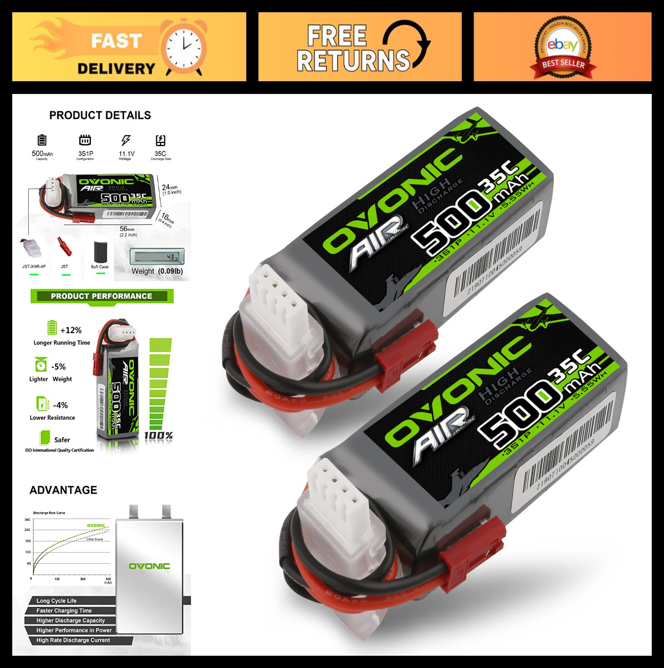 3S 11.1V 500mAh Lipo Battery 35C with JST Connector for RC D