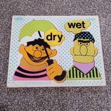 Vintage 1973 Sesame Street Playskool Wood Puzzle 315 Bert Ernie Muppets Dry Wet