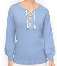 Talbots Women's L Powder Blue Knit Sweater Lace Up Neck Cotton Coastal Nautical