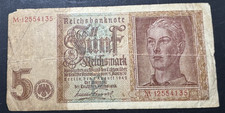 1942 German 5 (funf) Reichsmark Reichsbanknote WW2 Era Third Reich Circulated