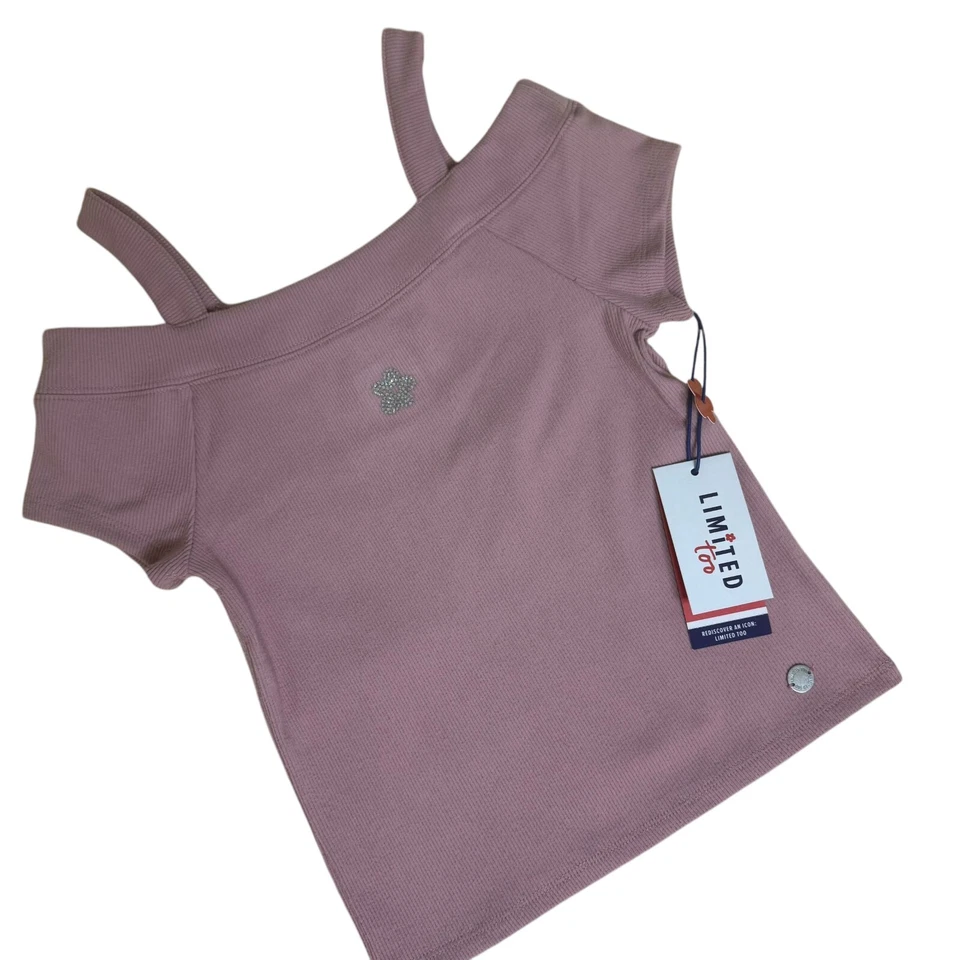 Camiseta Top Limited Too Girls Hombro Frío Bling Flor Acanalada Rosa S 7 8 Nueva con Etiquetas Foto 3 de 4
