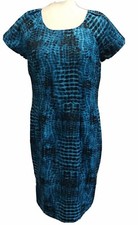 Calvin Klein Size 10 Dress Blue Black Reptile Snake Pattern Short Sleeves Knee