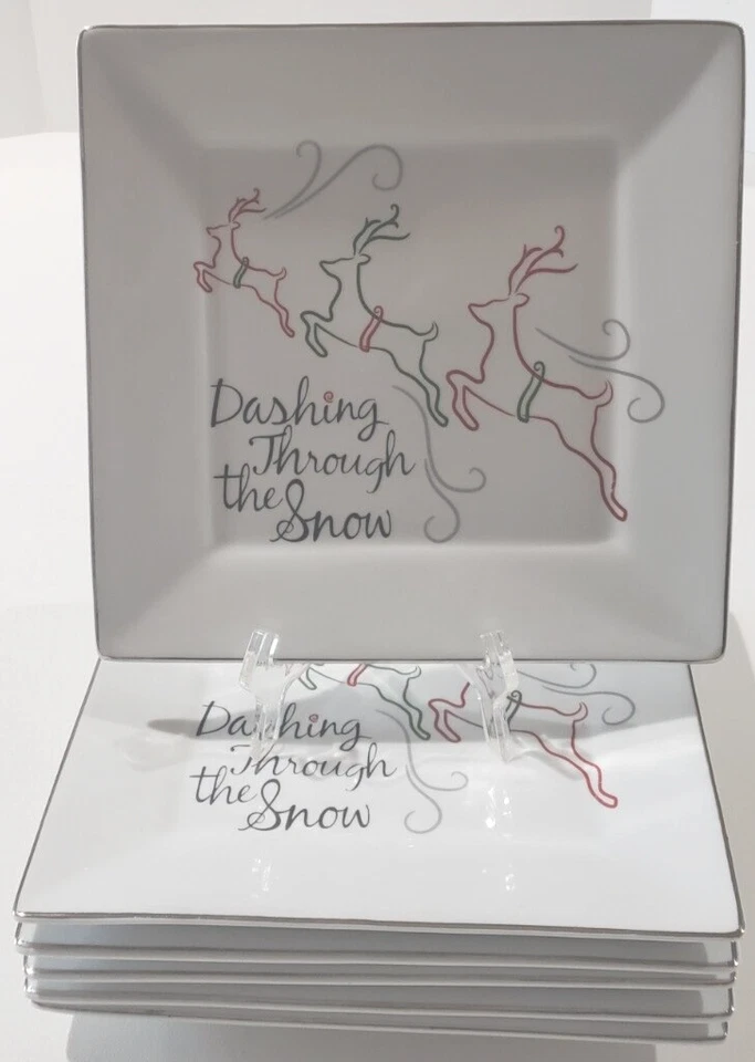 Eat Drink & Be Merry St. Nicholas Square Set SIX Dinner Plates Dashing Reindeer - Image 2 of 4