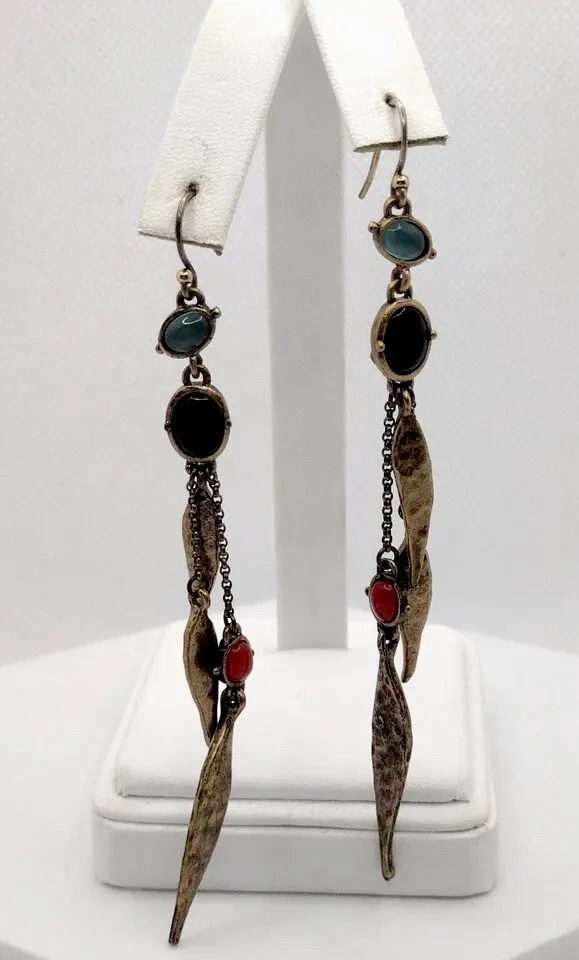 Pendientes colgantes largos de colección hojas en tono bronce azul y rojo intenso gema joyería Foto 3 de 4