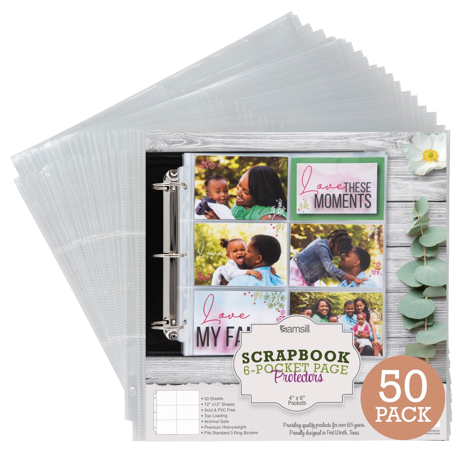 Samsill Scrapbook 6 Pocket Refill Pages 12x12 Inch, 50 Pack, Fits 3 Ring Scra...