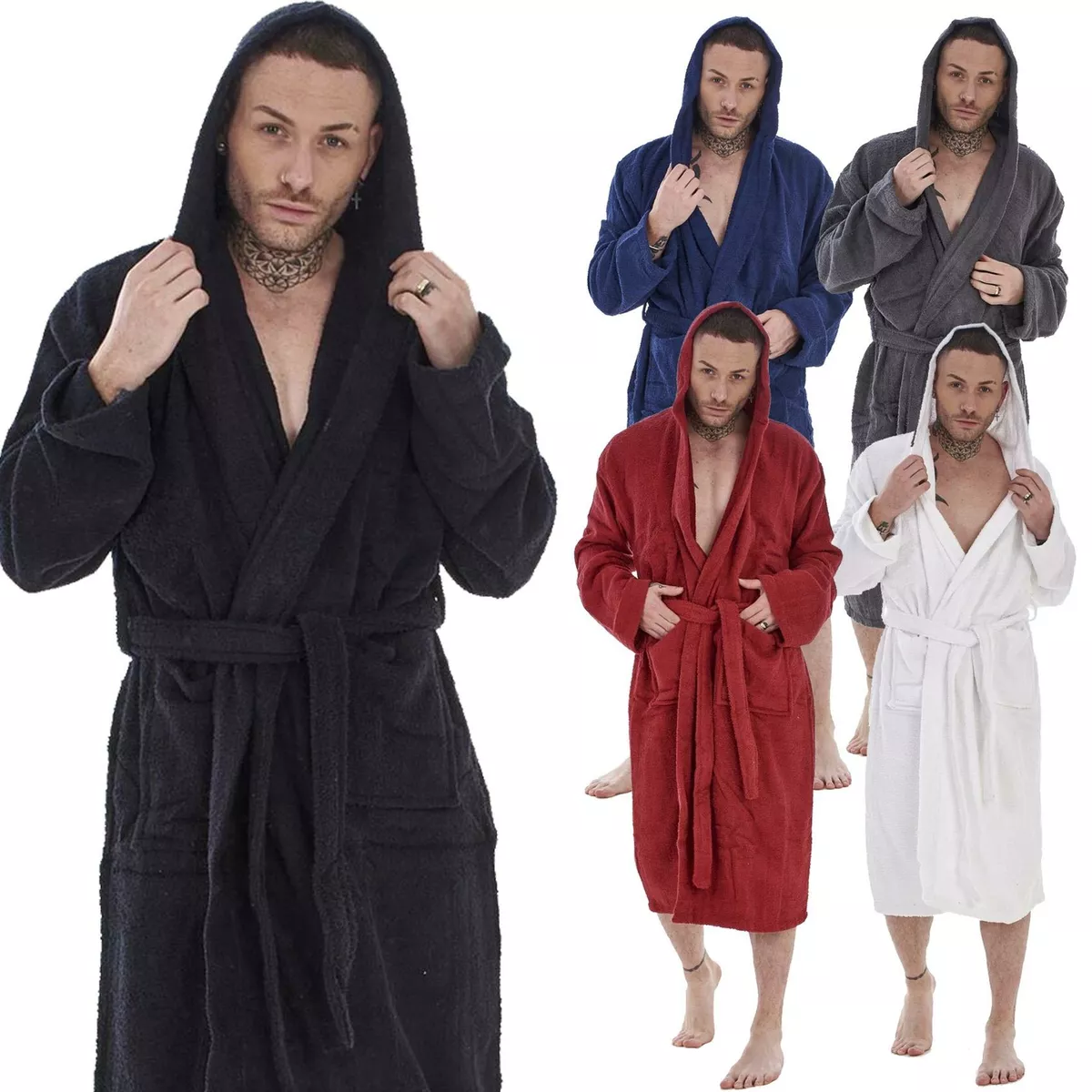 Mens towelling dressing gown shop with hood