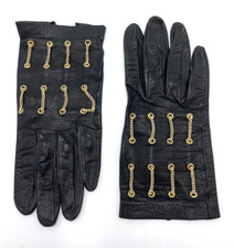 NEW VTG 1950s Ladies BLACK Kid Leather Gloves Size 7, with Gold Chain Details