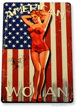 TIN SIGN American Woman Flag, Pin-up, Retro, Patriotic, Metal Décor, A214