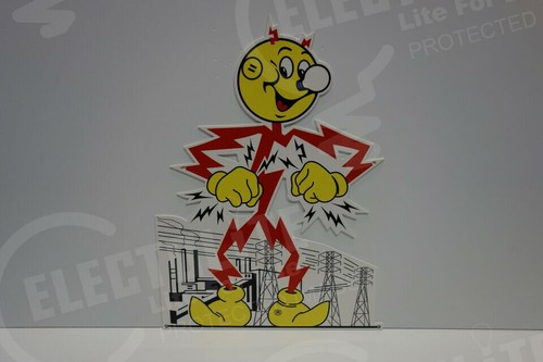 Reddy Kilowatt GRAB THE BOLTZ! STEEL ENAMEL DIE CUT SIGN. ELECTRICIAN GIFT