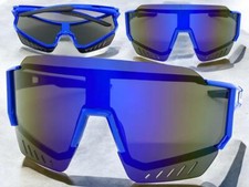 OVERSIZED Wrap Around Biker Fishing Cycling Shield SUN GLASSES Large Blue Frame