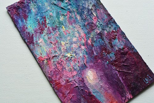 Abstract Purple Flowers Original Oil Painting Impasto Modern Art 8"x5" - Picture 3 of 7