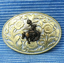 Bronc Riding Cowboy Belt Buckle Western Floral Scroll Vintage 80s .CVB913
