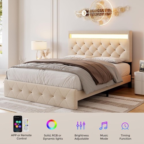 Full Size Bed Frame with Charging Station and LED Lights, Upholstered Bed Fra... - Picture 4 of 7
