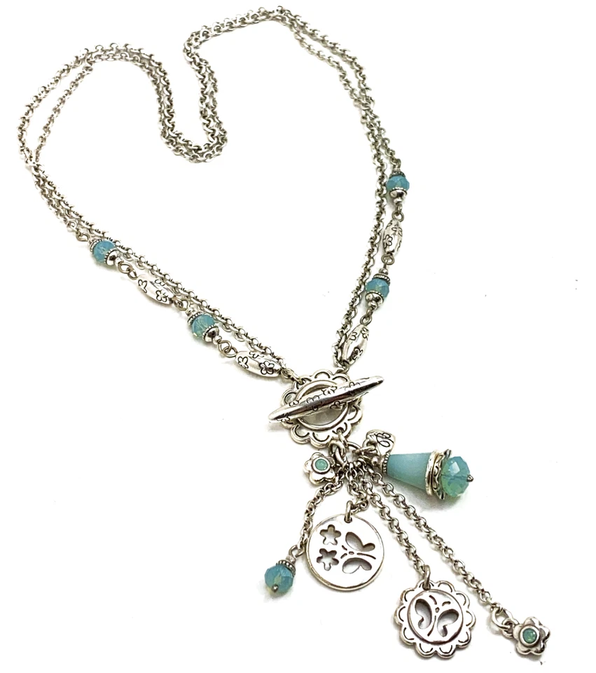Collar BRIGHTON Dijes Mariposa Alas de Vidrio Aqua Plata Palanca Estilo Retirado Foto 2 de 4