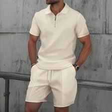 Men's New Waffle Zipper Solid Color Collar Short sleeved T-shirt Shorts Set