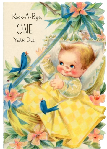 Vintage Geburtstag Grußkarte ein Jahr alt Rock-a-Bye blaue Vögel Glitzer um 1940 - Bild 1 von 3