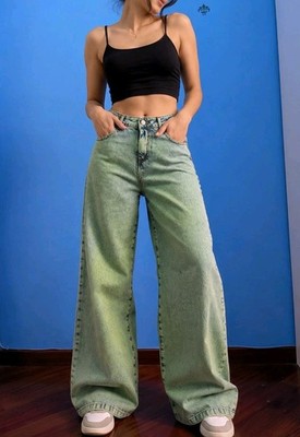 Y2K Green Acid Wash Wide Leg Jeans JUSTWEST Palazzo Oversize Baggy Made in Italy