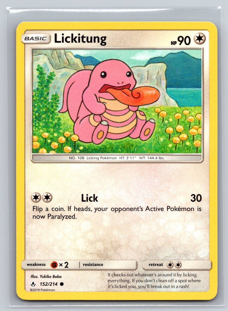 what does paralyze do in pokemon card game Lickitung 152/214 Unbroken Bonds Colorless Basic Licking Lick Paralyze Card