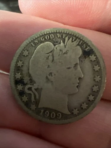 1909 Barber Quarter Dollar 90% Silver US 25c Coin - Circulated