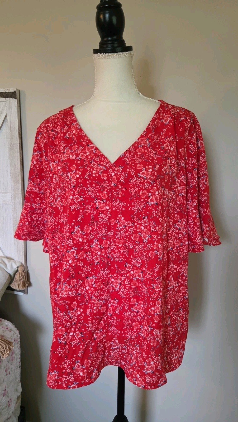Zac And Rachel V-Neck Lightweight Blouse Red Floral Bell Flutter Sleeve L/XL