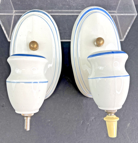 Vtg Porcelain Sconce Light Pair Blue Stripe Ceramic Wall Fixture Art Deco 1930s