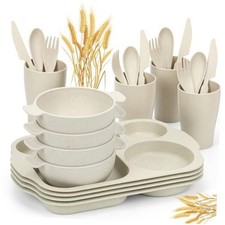 24 PCS Wheat Straw Dinnerware Set for Kids Toddler Plate Bowl Cup Set Beige