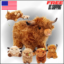 Realistic Fluffy Highland Cow Plush Toy Stuffed Animal 14.5" with 4 Baby Calves
