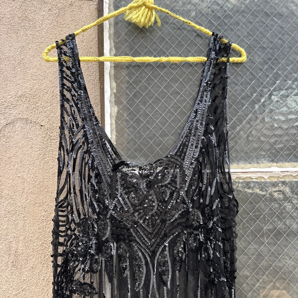 Antique 1920s Black Iridescent Sequin Net Dress Open Sides Illusion Vintage - Image 4 of 4