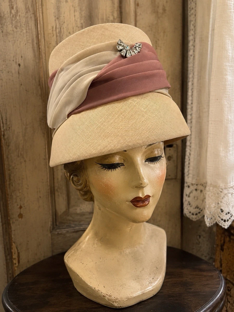 VTG Pillbox Hat Beige W/ Draped Mauve & White Chiffon Fabric Rhinestone Brooch Beige Vintage Hats Pillbox Straw for Women for sale | eBay main image 2