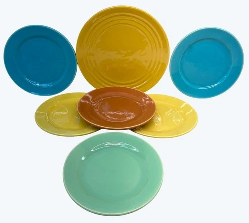 7 Bauer Potteries Blue Yellow Green Brown Ring Ware Salad Bread Plates La Linda
