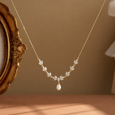 Dainty Freshwater Pearl with Diamond 18K Yellow Gold Over Leaf Wedding Necklace