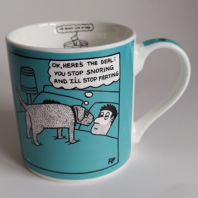 SHRUTI von der Leine von Rupert Fawcett Design lustige furzende Hund Cartoon Tasse 2016