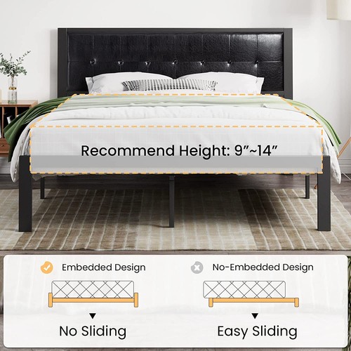 Faux Leather King Size Bed Frame with Button Tufted Square Stitched Headboard - Picture 7 of 9