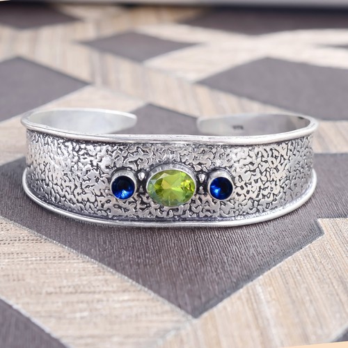 Peridot Cut, Tanzanite Gemstone Jewelry 925 Sterling Silver Man's Cuff Bracelet - Picture 4 of 6