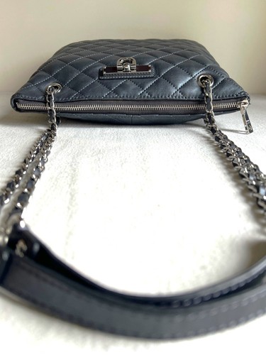DKNY Metallic Quilted Genuine Leather Double Chain Strap Zip Satchel Handbag Med - Picture 5 of 11