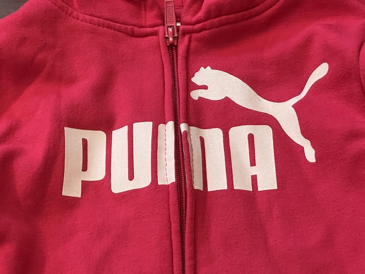 Puma Pink White Zip 2 Pocket Girls 6 Sparkle Logo Fleece Hoodie