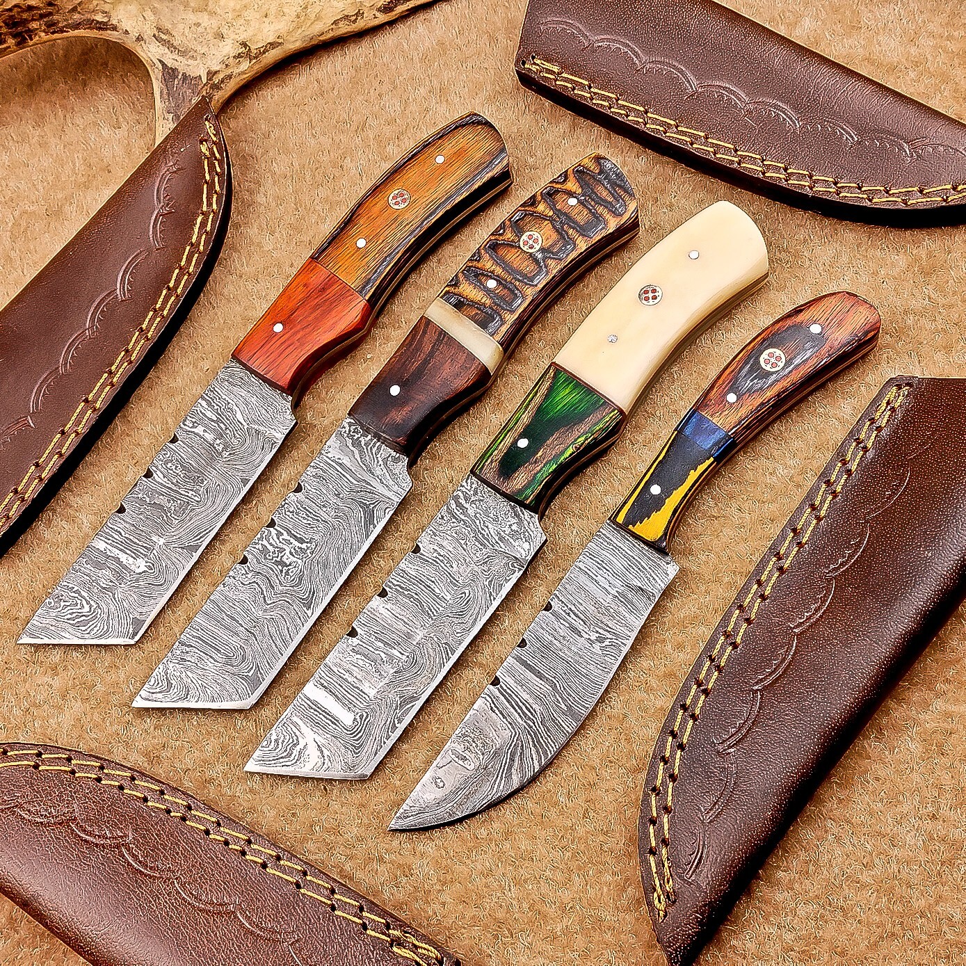 4 Pcs Damascus Blade Skinner Knives Set | 8