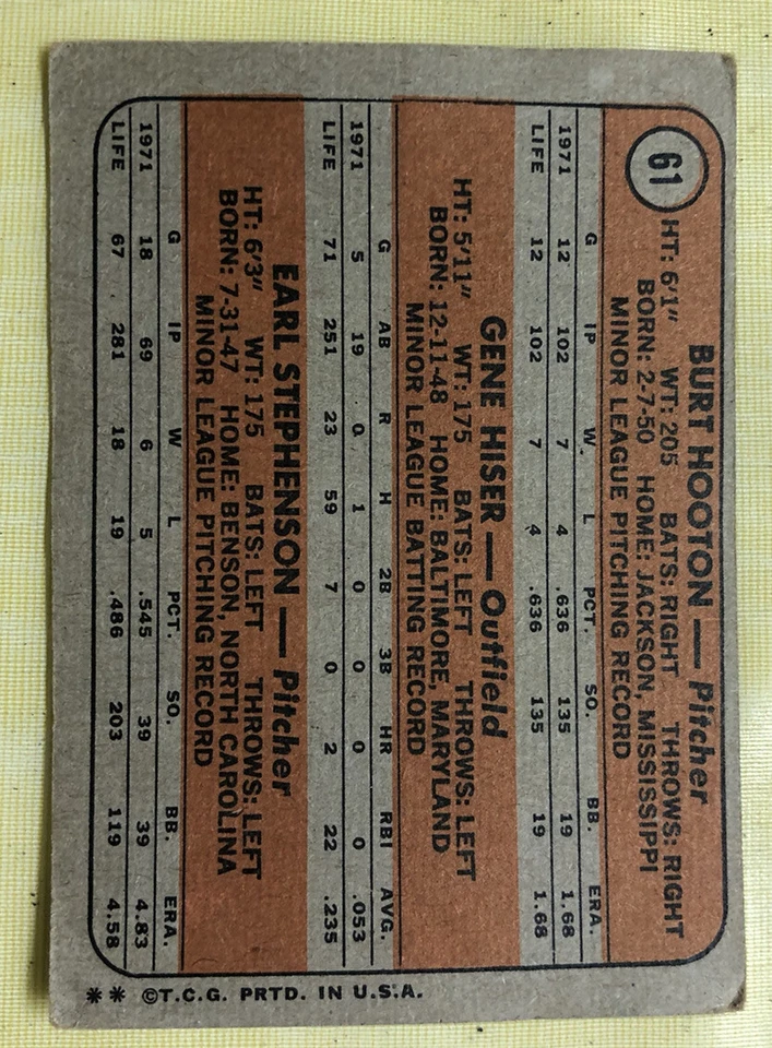 1972 Topps Cubs Rookie Stars Burt Hooton Gene Hiser E. Stephenson Card #61 Fair - Image 2 of 2