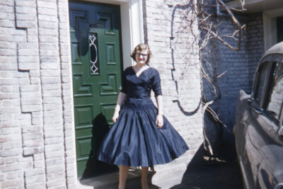 Kodak Slide 1950s Red Border Kodachrome Woman in Evening Dress on Doorstep