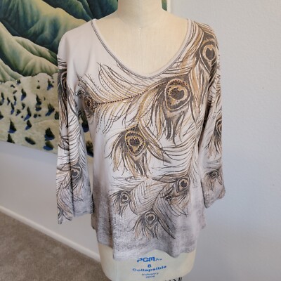 Jess & Jane Womens Artsy Top Peacock Feathers Art To Wear Boho Y2K Bedazzle