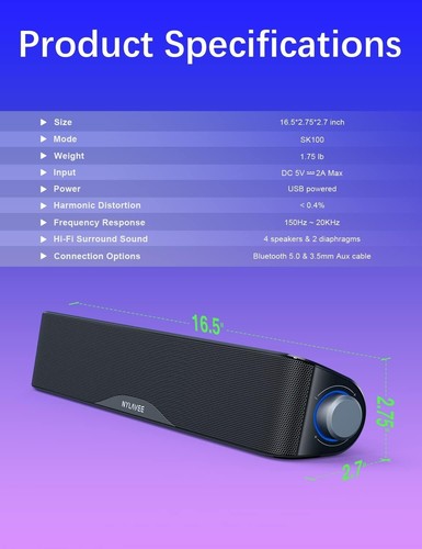 Dynamic Computer Sound Bar with Bluetooth 5.0 - Perfect for Gaming & Multimedia - Afbeelding 9 van 9