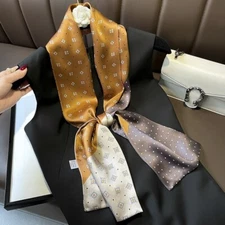 100% Mulberry Silk Long Scarf Women Men Brown Polka Dots Neckerchief 150*15cm