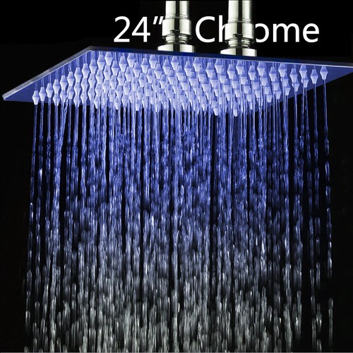 3 Color LED Stainless Steel 24" Bathroom Square Shower Head Mixer Taps Faucet - Picture 2 of 3